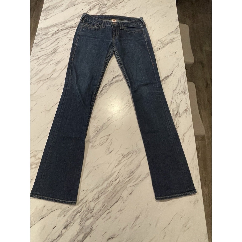True Religion Jeans Womens 29 Johnny Boot Cut Low Rise World Tour Denim Blue USA